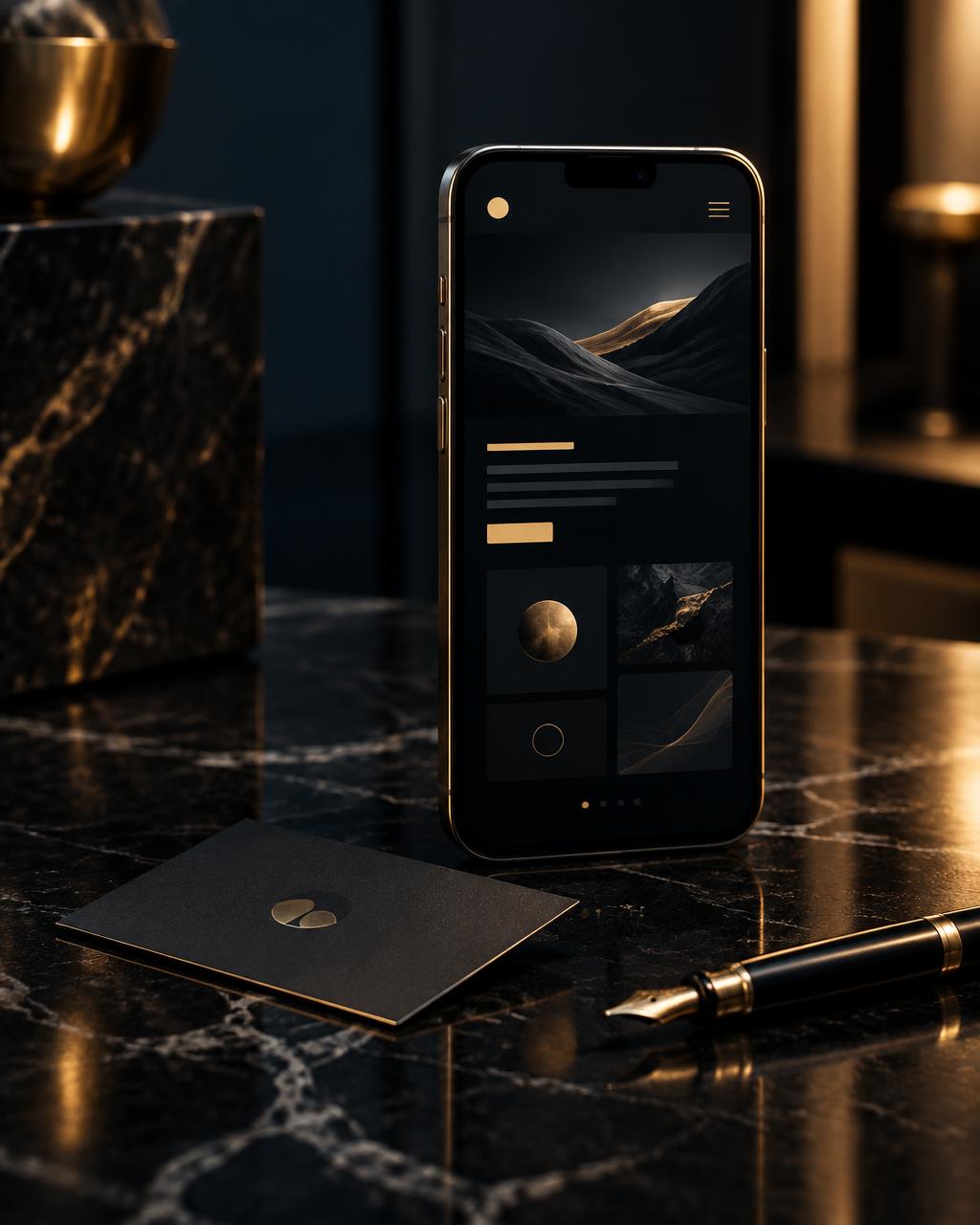 Fiche d'entreprise vue sur iPhone : smartphone doré posé sur un marbre noir avec stylo plume