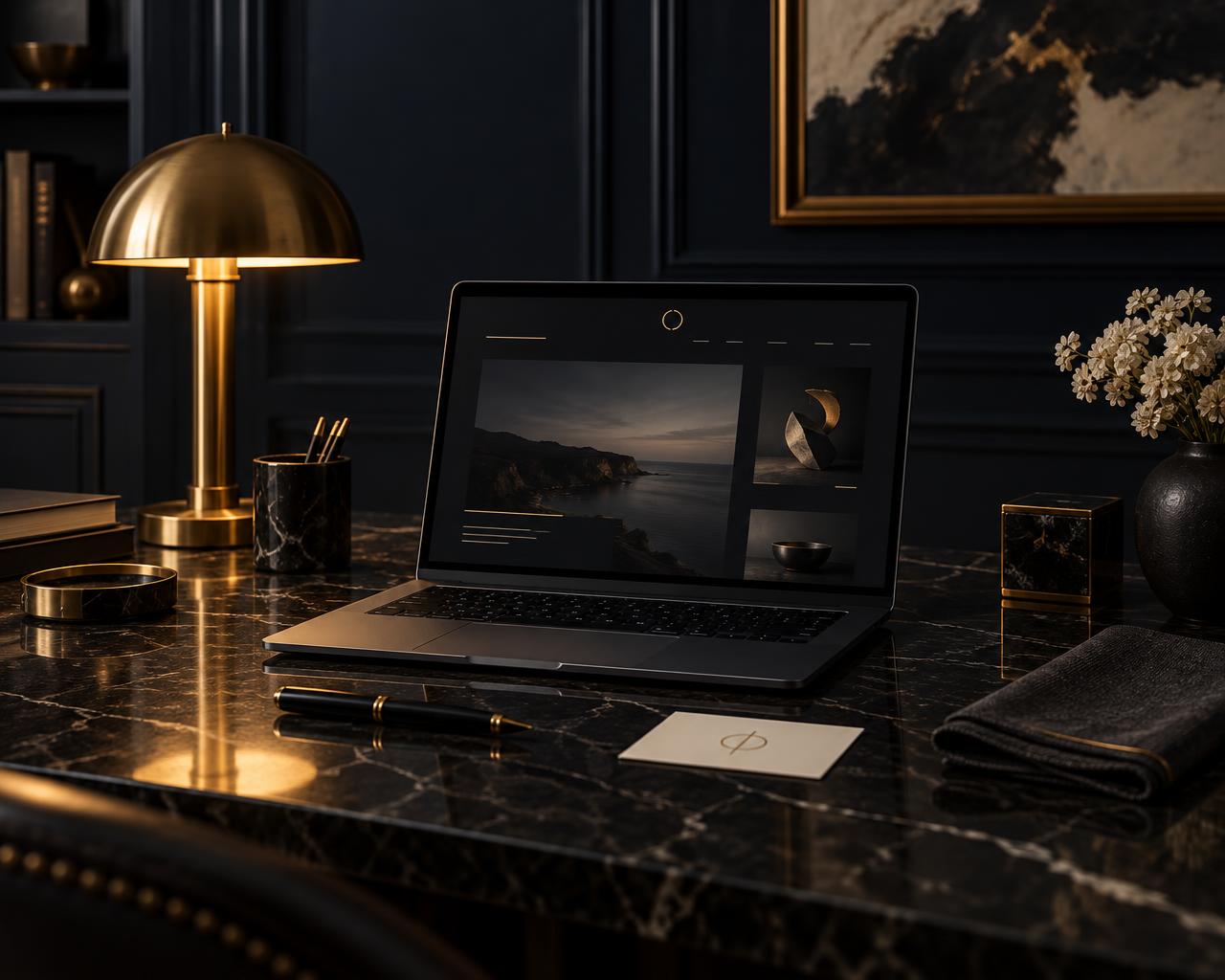 Bureau en marbre noir : ordinateur portable affichant un site sombre et épuré, lampe en laiton doré allumée, stylo plume et carte crème aux accents dorés